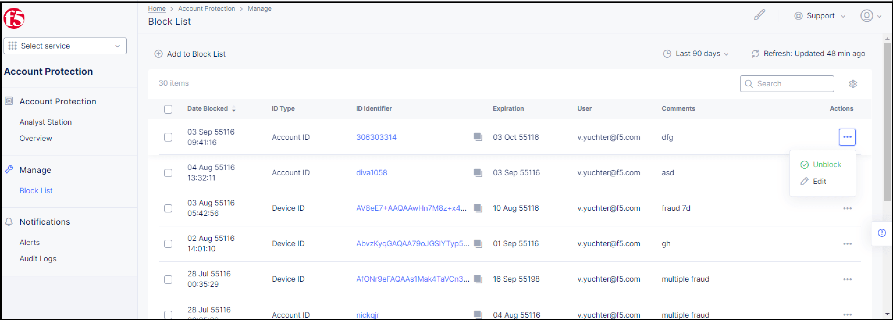 Figure: Remove a Blocked ID