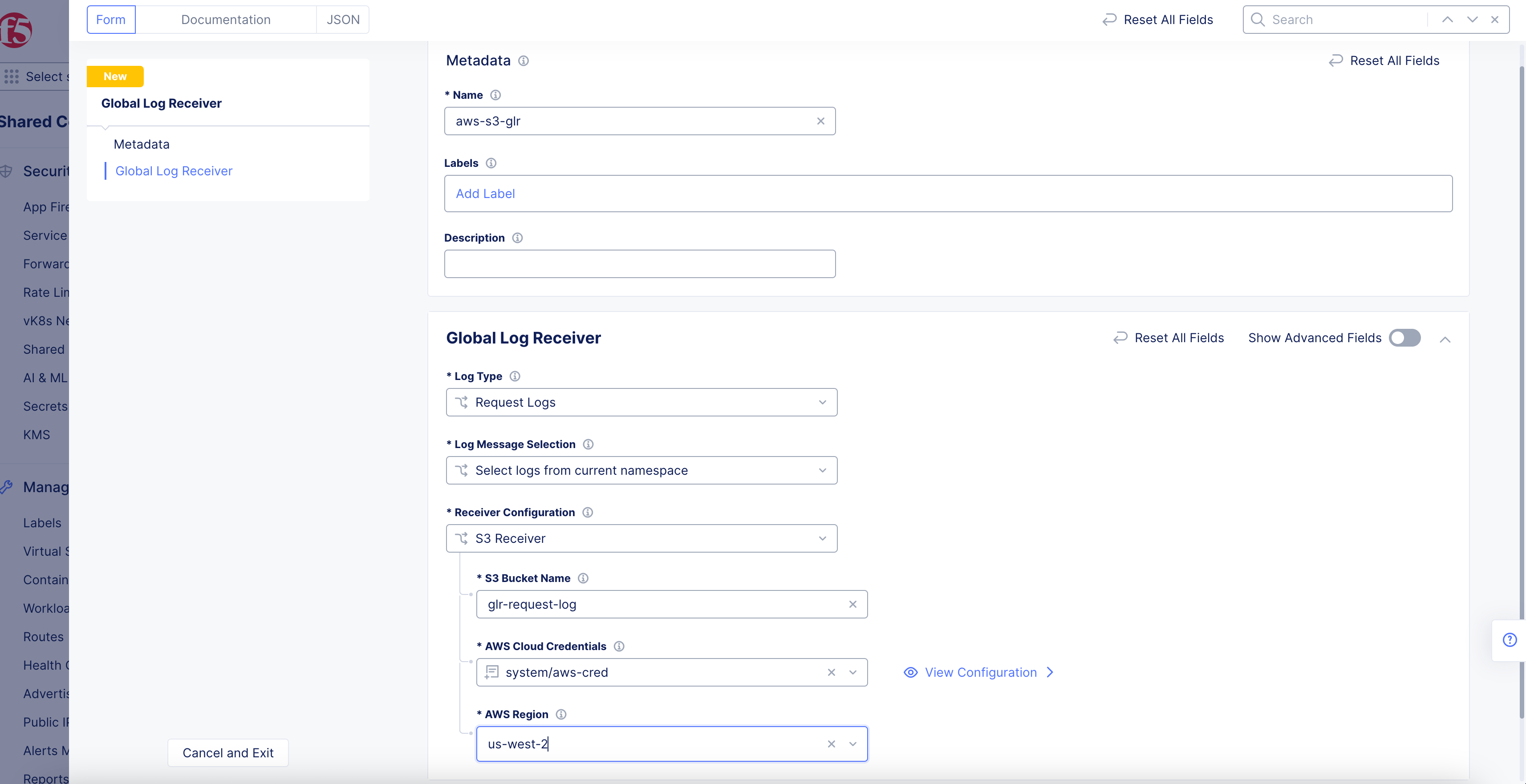Figure: AWS S3 Global Log Receiver Configuration