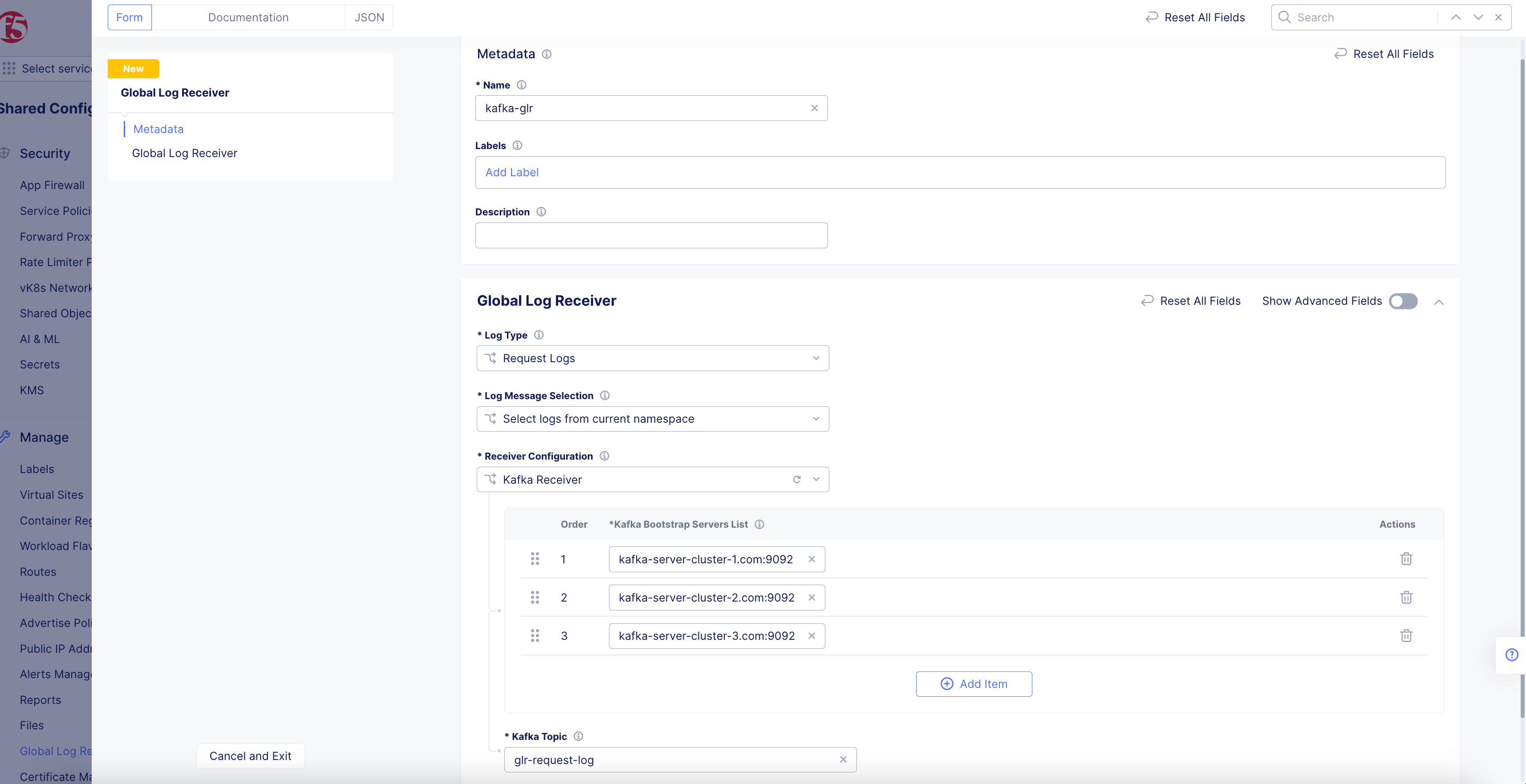 Figure: Kafka Global Log Receiver Configuration